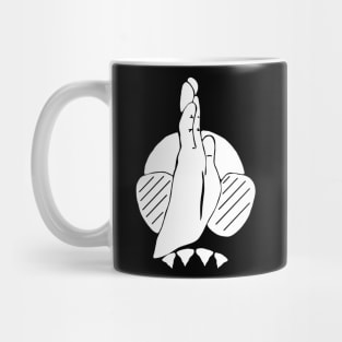 White hand signal for shark, scuba diver design Mug